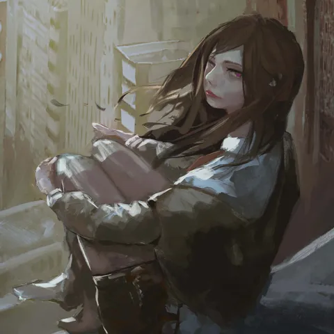 A digital painting by Yangyi Liu: a girl with long brown hair sits hugging her knees in a sunlit corridor.